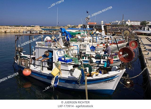 Fishing boats in the harbour, Corallina beach, Coral Bay, Paphos area, South Cyprus, Cyprus