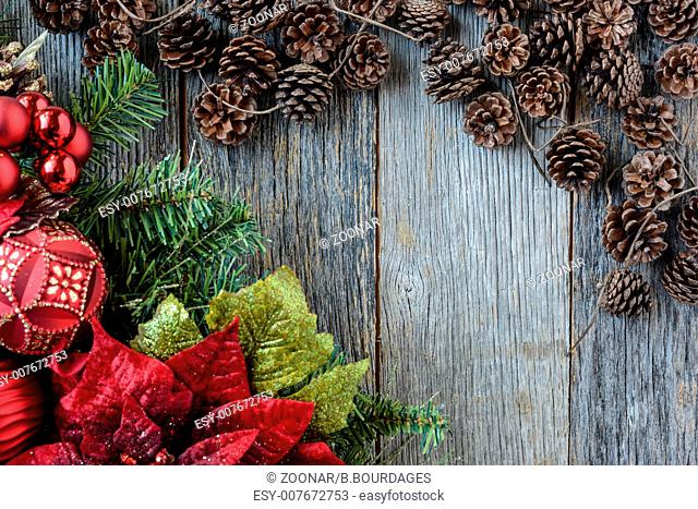 Christmas Decoration Over Wooden Background. Decorations over Rustic Wood