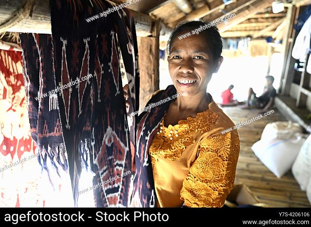 Ikat (woven textiles) in Prai Ijing traditional village, Waikabubak, Sumba island, East Nusa Tenggara, Indonesia, Asia