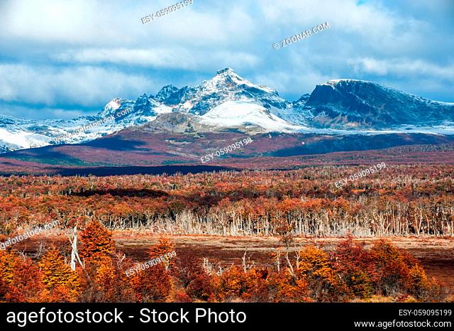 Autumn in Patagonia. Cordillera Darwin, part of Andes range, Isla Grande de Tierra del Fuego, Chilean territory, view from the Argentina side