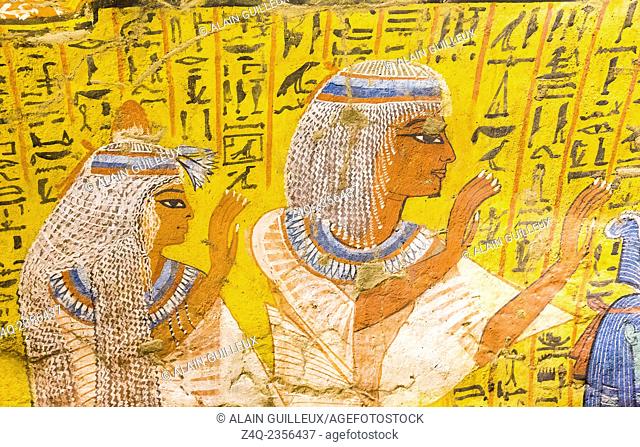 UNESCO World Heritage, Thebes in Egypt, Deir el Medineh, tomb of Irynefer, a couple praying. They wear remarkable white wigs