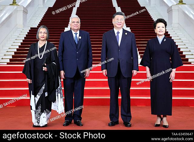 CHINA, BEIJING - OCTOBER 17, 2023: Sri Lanka's President Ranil Wickremesinghe (2nd L), his wife Maithree Wickremesinghe (L)