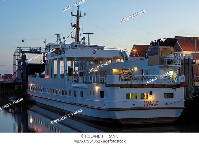Germany, Lower Saxony, East Frisia, Juist, Blue Hour, passenger ferry in harbor