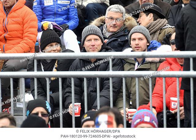 Arnold Schwarzenegger's nephew Patrick (l) and his son Patrick sitting in the stands watching the skiers on the Streif, at the Hahnenkamm Race 2018 in...