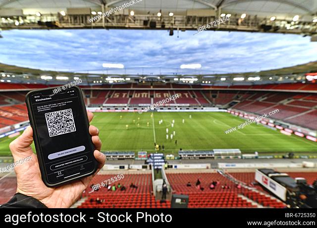 Hand holds smartphone with Luca app for digital contact tracking, football stadium, Corona crisis, Mercedes-Benz Arena, Stuttgart, Baden-Württemberg, Germany