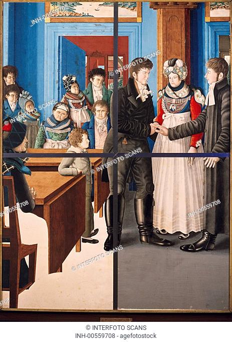 Oluf Braren 1787 - 1839, Künstler, Kunst, naive Malerei, Gemälde, Deutschland, 19 Jahrhundert, Haustrauung auf der Insel Föhr, Hochzeit, Trauung, Paar