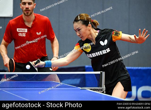 10 May 2023, North Rhine-Westphalia, Duesseldorf: Shan Xiaona (r) and Patrick Franziska in action during training. The Individual World Championships 2023 will...