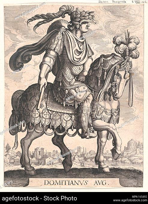 Plate 12: Emperor Domitian on horseback, from 'The First Twelve Roman Caesars' after Tempesta. Series/Portfolio: The First Twelve Roman Caesars; Artist:...