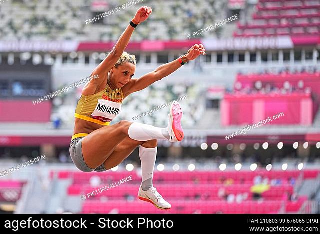 03 August 2021, Japan, Tokio: Athletics: Olympics, Long Jump, Women, Final at the Olympic Stadium. Malaika Mihambo from Germany in action