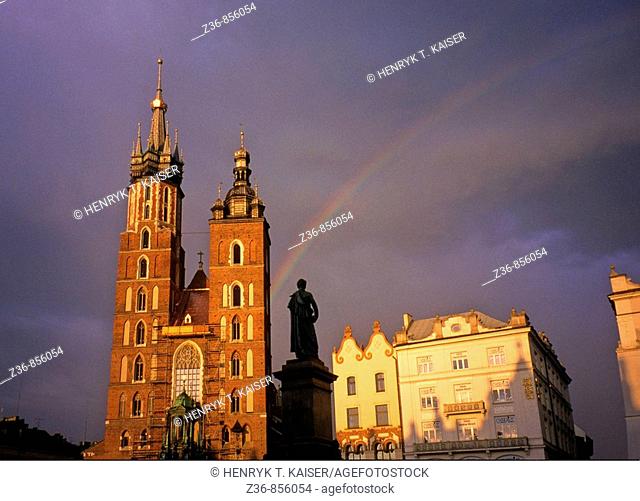 Raibow over Church of St Mary at Main Market Square, Krakow, Poland
