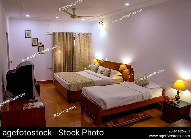 Typical room in a hotel in Bharatpur near Keoladeo Ghana National Park in India. Bharatpur lies on the Golden Tourism Triangle of Delhi-Jaipur-Agra so large...