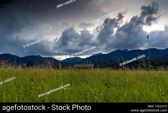 Summer thunderstorm over the fields near Krün, Bavaria, Germany