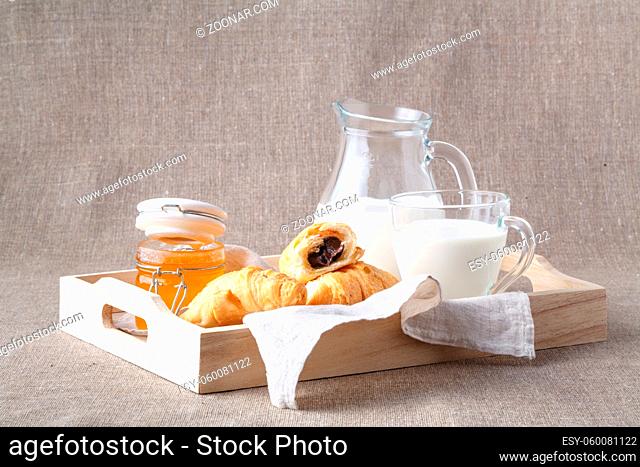 typical continental breakfast in the room with fruits and pastry