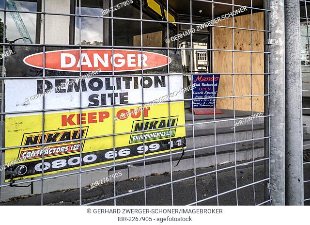 Barries in front of earthquake-stricken business premises, Christchurch, South Island, New Zealand
