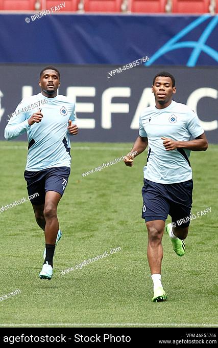 Club's Clinton Mata and Club's Raphael Onyedika pictured during a training session of Belgian soccer team Club Brugge KV, Tuesday 11 October 2022 in Madrid