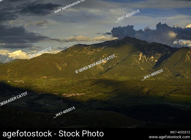 Spring sunset in La Cerdanya, seen from near Ordèn, with Tosa d'Alp summit in the background (Lleida, Catalonia, Spain, Pyrenees)