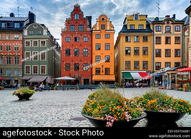 Stockholm, Sweden - 23 June, 2021: view of the colorful Stortorget Square houses in downtown Stockholm