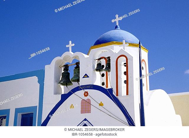 Coloured church in village of Manolas, Santorini, Thera or Thira, Island of Thirasia, Therasia, Cyclades, the Aegean, Mediterranean Sea, Greece, Europe
