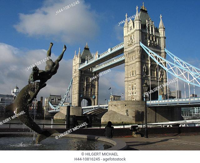 Tower Bridge, sculpture girl and dolphin by David Wynne, River Thames, London, England, Great Britain, Europe, colour