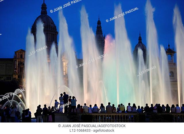 Palau Nacional and Magic fountain at Montjuich, Barcelona, Catalonia, Spain