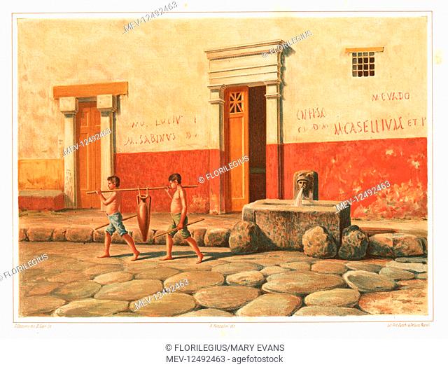 Street scene showing the fountain of Mercury, VI.8.24, Pompeii. Two slave boys carry an amphorae of water. The walls are covered with graffiti such as M