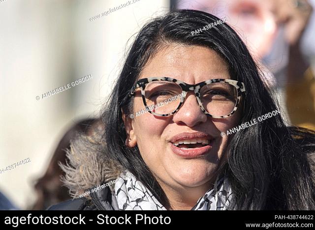 United States Representative Rashida Tlaib (Democrat of Michigan) speaks at a press conference with activists calling for a ceasefire in Gaza at the House...