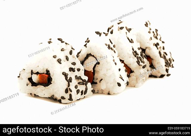 Triangular sushi with cucumber sesame seeds isolated on a white background