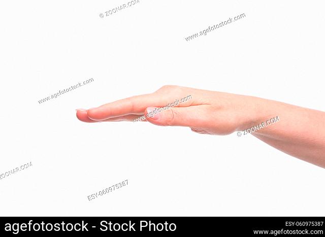 Old female caucasian hand gesture of opened palm isolated over white background. Manicure, skincare concepts