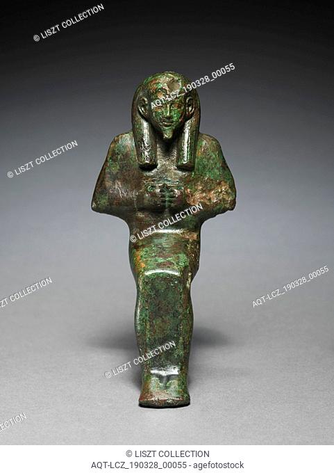 Statuette of Seated God, probably Osiris-lah, 664-525 BC. Egypt, Late Period, Dynasty 26 or later. Bronze, solid cast; overall: 15