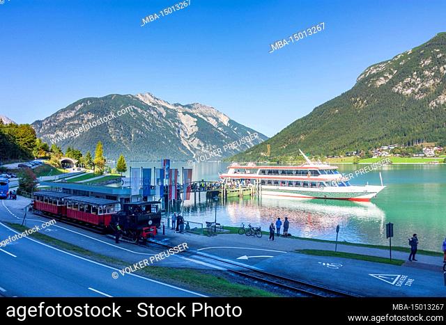 Eben am Achensee, lake Achensee (Achen Lake), Achensee Railway with steam locomotive at final station Seespitz, passenger ship, Brandenberg Alps in Achensee