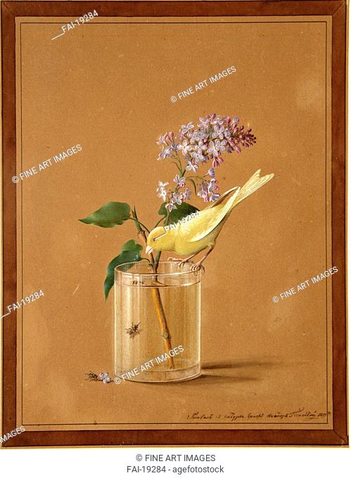 Canary Bird on a Lilac Branchlet. Tolstoy, Fyodor Petrovich (1783-1873). Watercolour and white colour on paper. Classicism. 1819