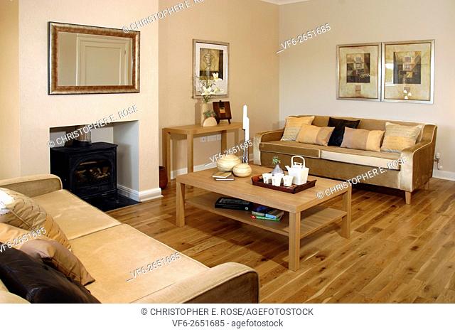 UK showhome interior, furnished living room. For Editorial Use Only