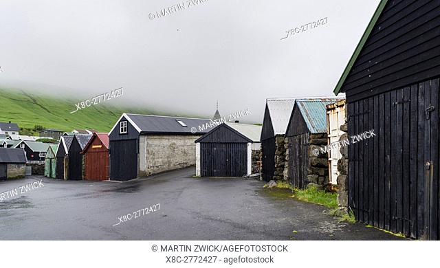 Village Kvivik, boat sheds. The island Streymoy, one of the two large islands of the Faroe Islands in the North Atlantic