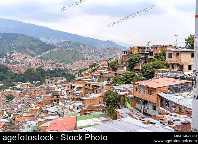 South America, Colombia, Departamento de Antioquia, Medellín, Comuna 13, view over the roofs of the neighborhood Comuna 13