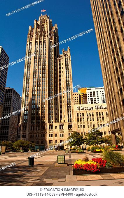 Illinois, Chicago, neo-Gothic Chicago Tribune Tower from Pioneer Court on the Magnificent Mile