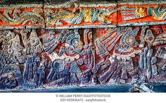 Ancient Carvings Aztec Eagle Warriors Palace Templo Mayor Mexico City Mexico. Great Aztec Temple created from 1325 to 1521