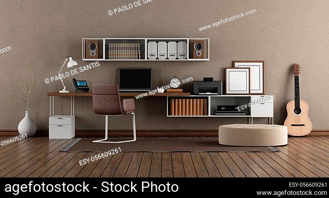 Workplace with laptop on desk and bookcase in modern room - 3D Rendering