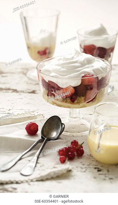 Red berry, strawberry jelly, custard and whipped cream trifle