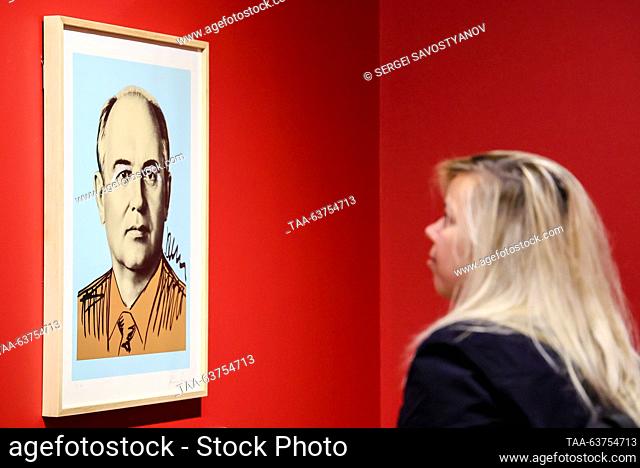 RUSSIA, MOSCOW - OCTOBER 23, 2023: A visitor looks at Gorby-Mao (1991) by Alexandra Kosolapova at an exhibition titled ""Tinkoff City: Andy Warhol and Russian...