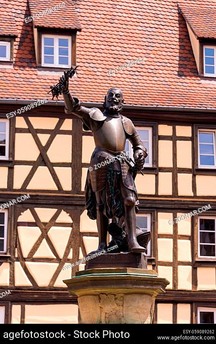 The Schwendi fountain with the bronze statue of Bartholdi in the square of the former customs office in the old French town of Colmar in Alsace