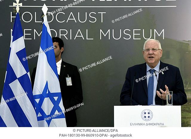 Israeli President Reuven Rivlin speaks during a foundation stone-laying ceremony for a Holocaust museum in Thessaloniki on January 30, 2018
