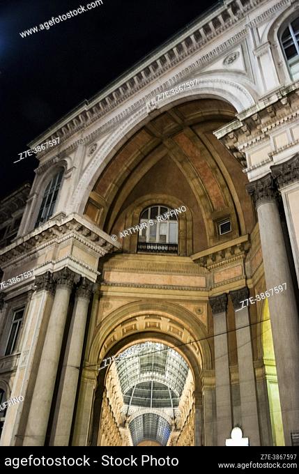 Galleria Vittorio Emanuele II (Victor Emmanuel II Gallery). Night view. Perspective from Piazza della Scala (La Scala Square)