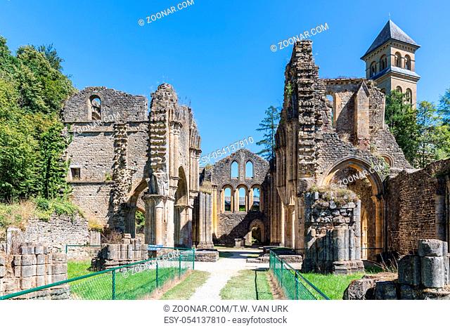 Ruins Orval Abbey in Belgian Ardennes. The abbey is also famous for its trappist beer and botanical garden
