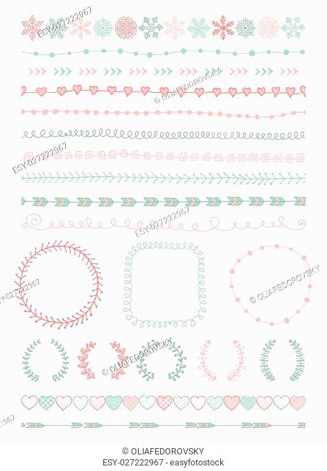Colorful Hand-Drawn Doodle Seamless Borders and Design Elements. Decorative Flourish Frames, Brackets. Vector Illustration. Pattern Brushes