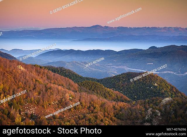 Sunrise from the Montseny mountain in autumn looking towards the Pyrenees (Vallès Oriental, Barcelona, Catalonia, Spain)