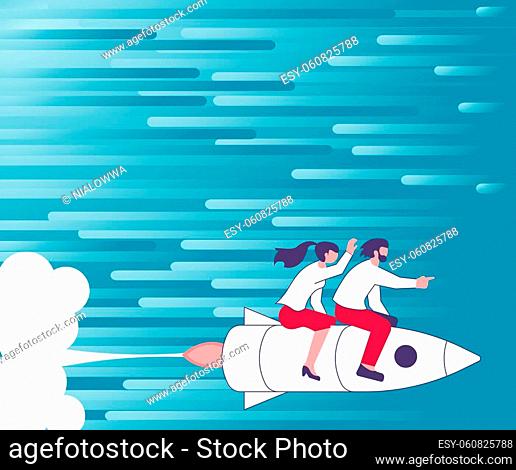 Illustration Of Happy Partners Riding On Rocket Ship Exploring World