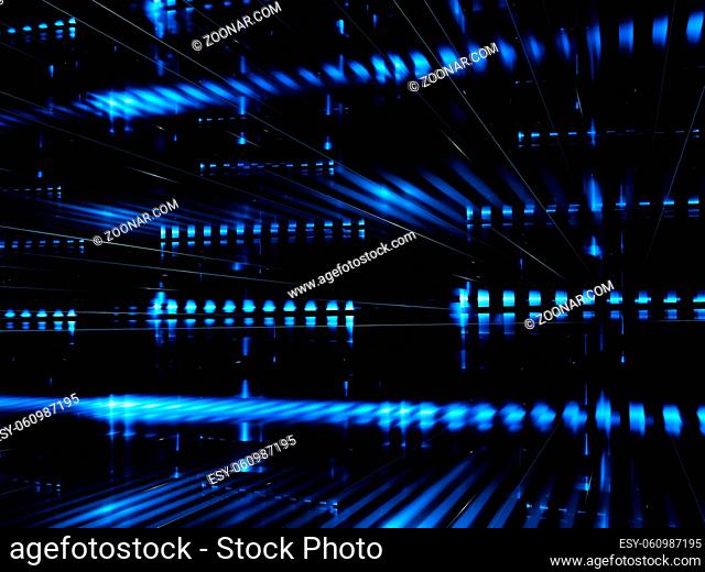 Tech background with glowing lines, perspective ang grid. Abstract computer-generated 3d illustration. Fractal art - futuristic data center