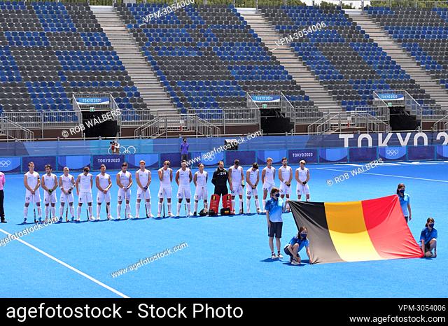 Belgium's players pictured at the start of a semi-final hockey match between Belgium's Red Lions and India, in the men's field hockey tournament