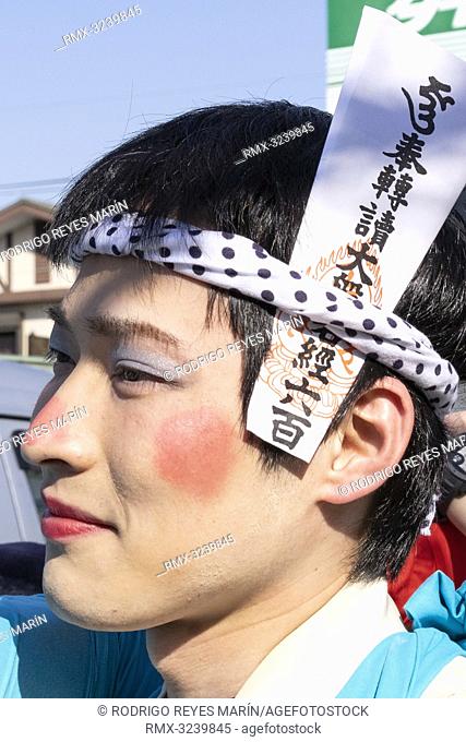 February 24, 2019, Tokyo, Japan - A man dressed in women's kimonos and wearing makeup, is seen during the Ikazuchi no Daihannya festival