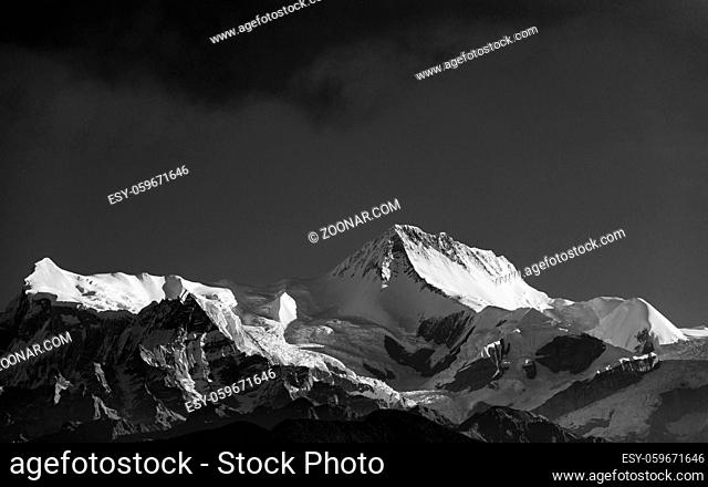 A peak in the Annapurna mountain range, Nepal. Black and white photograph